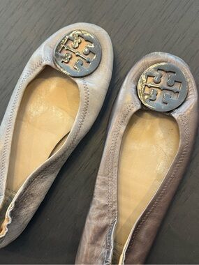 Authentic Tory Burch Pewter Leather Reva Ballet Flats with Logo Medallion